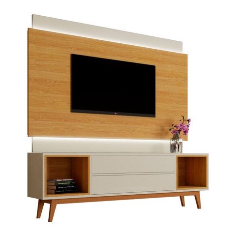 Rack com Painel Delux 180cm com Led Off White com Nature - Móveisaqui