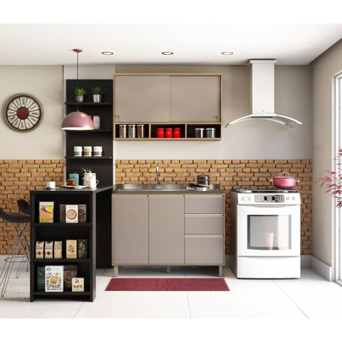 Cozinha Completa 4 Peças com Bancada Mesa Gourmet Armário Aéreo e Balcão de Pia Mel Luciane Móveis