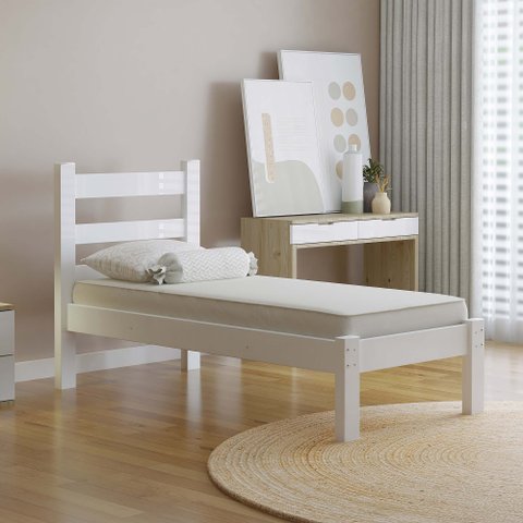Cama Solteiro em Madeira Maciça Reforçado Rubi Nemargi:branco