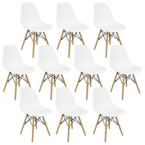 Kit 10 Cadeiras Charles Eames Eiffel Dsw - Base de Madeira Clara - Branco Multicolorido