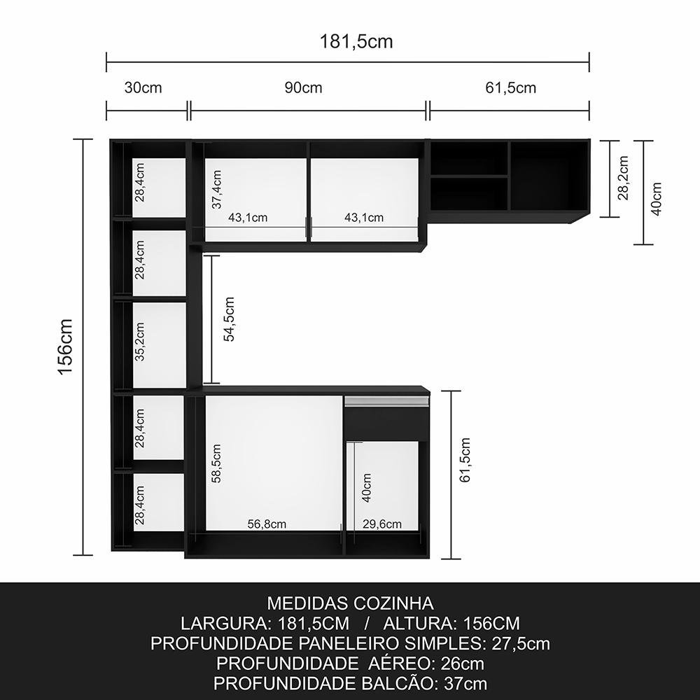 Armário de Cozinha Suspenso 4 Peças Liris Preto - Móveis Arapongas Preto Fosco - 4
