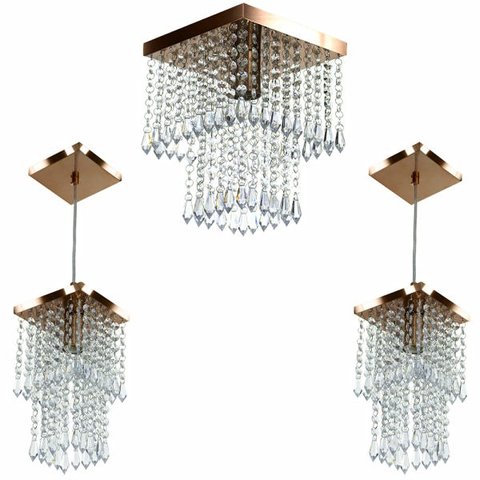 Kit 1 Lustre Cristal Acr. Marry + 2 Pendentes Spark Cobre