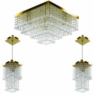 Kit 1 Lustre Cristal Acr Dream + 2 Pendentes Spark Dourado