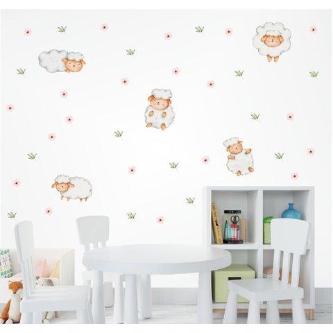 Adesivo de Parede Ovelhas Cute e Flores