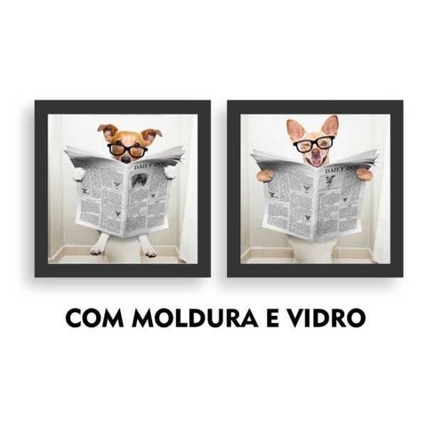 Kit 2 Quadros Decorativos Banheiro Toalete Lavabo Dog Jornal: Preto