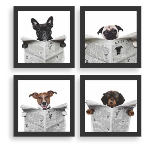 Kit 4 Quadros Decorativos Banheiro Toalete Lavabo Dog Jornal: Preto