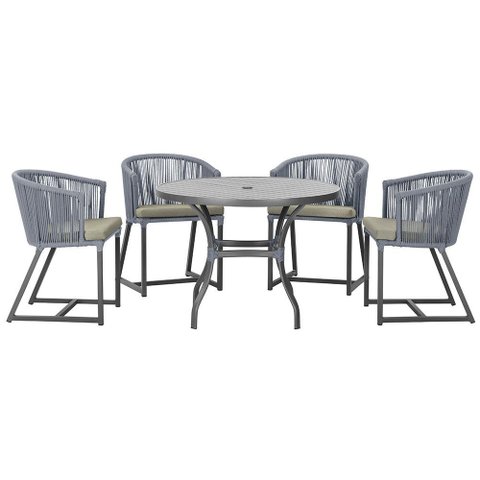 Mesa com 4 Cadeiras de Jantar Roma 100cm e Noronha em Aluminío Preto Corda Nautica Estofado 8 Trama