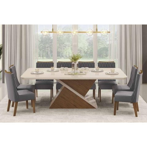 Conjunto: Mesa Sala Jantar Zafira C/ Tampo Madeirado C/ Vidro 200x100cm e 8 Cadeiras Jade Freijo/off