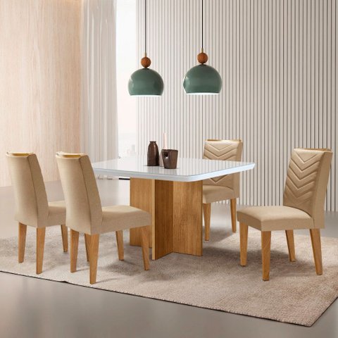 Sala de Jantar Mesa 90cm Olímpia em Mdf com Vidro Canto Copo 4 Cadeiras Liz Moderna Mobilia