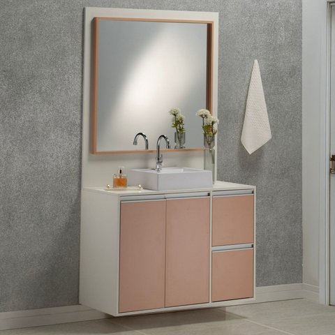 Gabinete e Espelheira 120cm Plena Premium Elite Branco/Salmão
