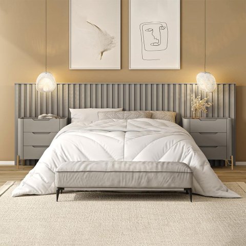 Conjunto Cabeceira Casal 280cm com 2 Mesas de Cabeceira Cor:grigio com Dourado