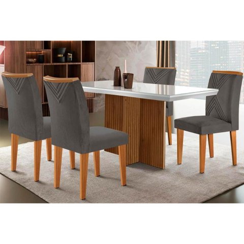 Sala de Jantar Completa Berlim C/ Tampo Madeirado C/ Vidro Canto Curvo 120x80cm e 4 Cadeiras Amsterd