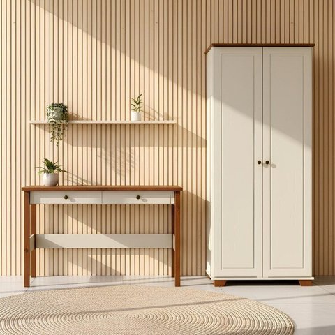 Conjunto 2 Peças Escrivaninha 120cm 2 Gavetas e Armário Multiuso Ananda CabeCasa MadeiraOriginals Off White Mel