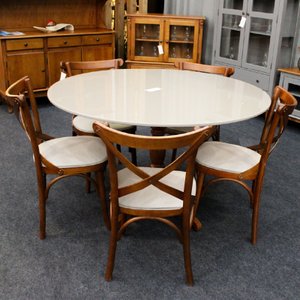 Conjunto Mesa Redonda Tampo com Vidro 120cm com 5 Cadeiras em X Prime Wood