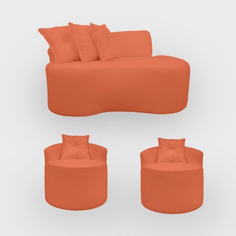Kit 2 Poltronas com Sofá Curvo 2 Lugares Feijão Forma Orgânica Bouclé