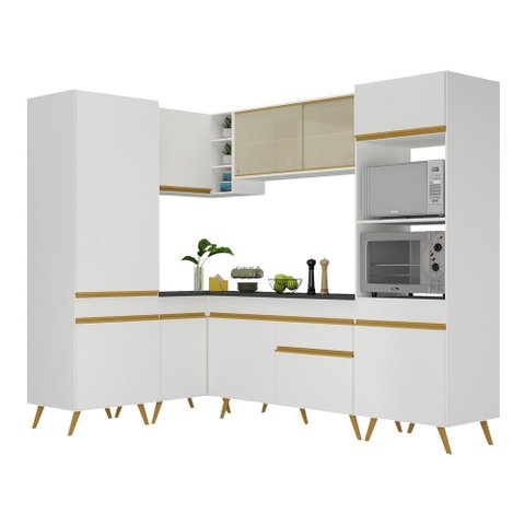 Armário de Cozinha Completa de Canto Veneza Multimóveis V2049 Branco/Dourado