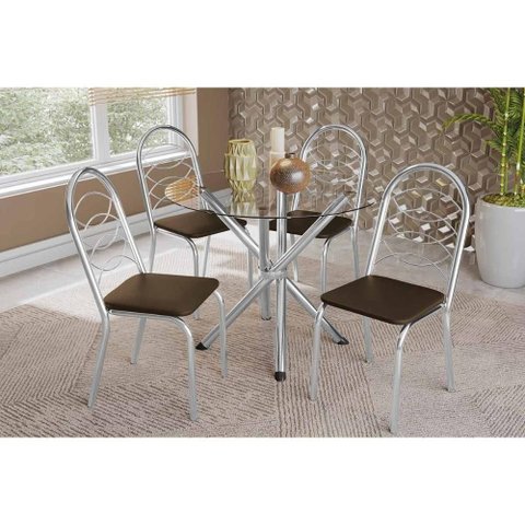 Conjunto: Mesa Sala Jantar Volga C/ Tampo de Vidro 95cm e 4 Cadeiras Holanda Cromada - Courano