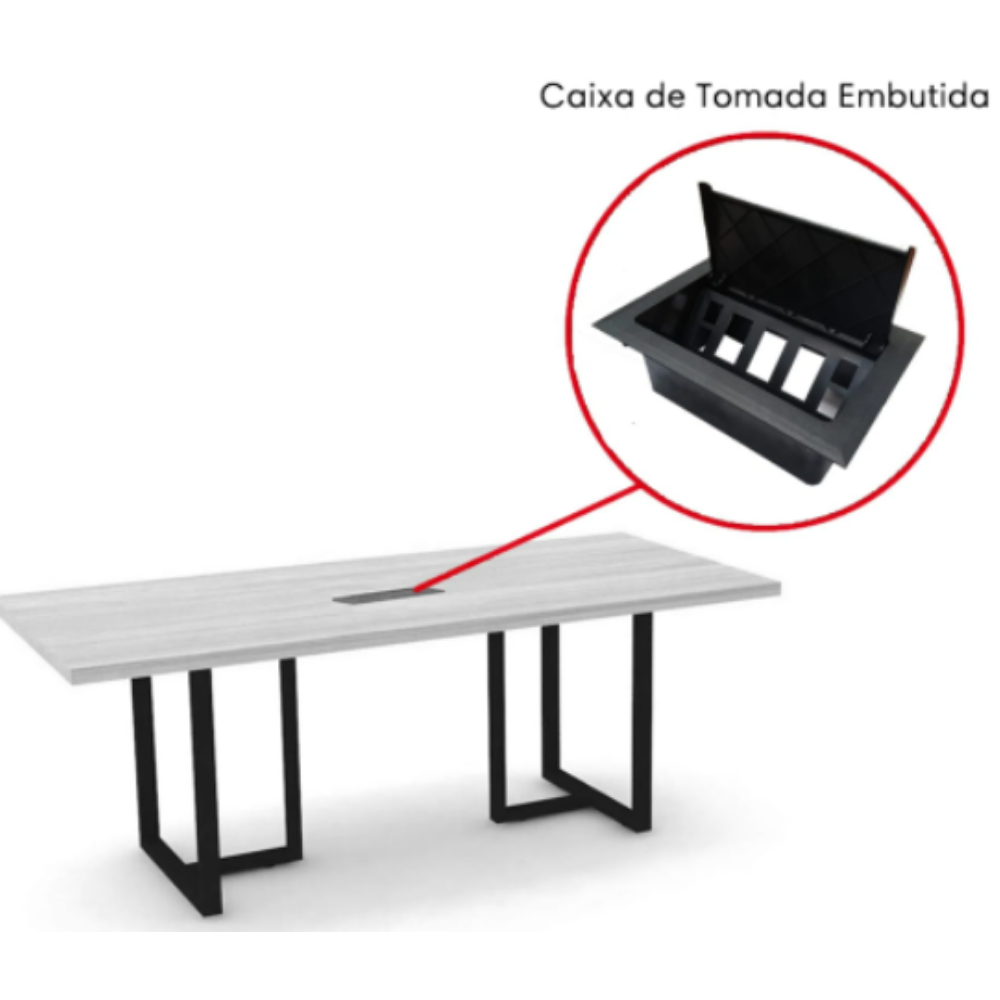 Mesa de Reunião com Caixa de Tomada 200 x 90 cm Pé Tubular PE25 em MDP Cor Noce Naturalle Base Preta - 2