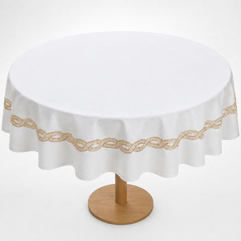 Toalha de Mesa Redonda Poli Bambu Branca com Dourado:2,25 Diâm