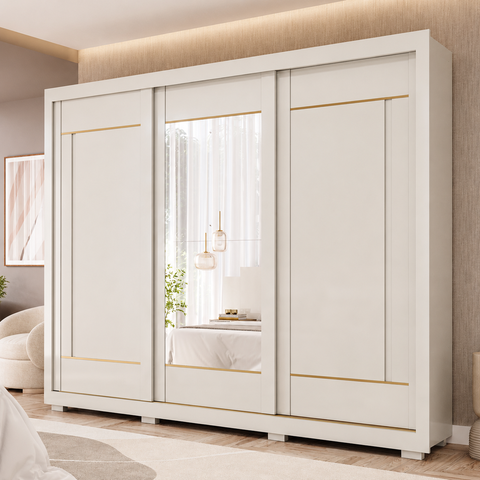 Guarda-Roupa Casal Serena 3 Portas de Correr 4 Gavetas com Espelhos e Pés 100 MDF Pm Home