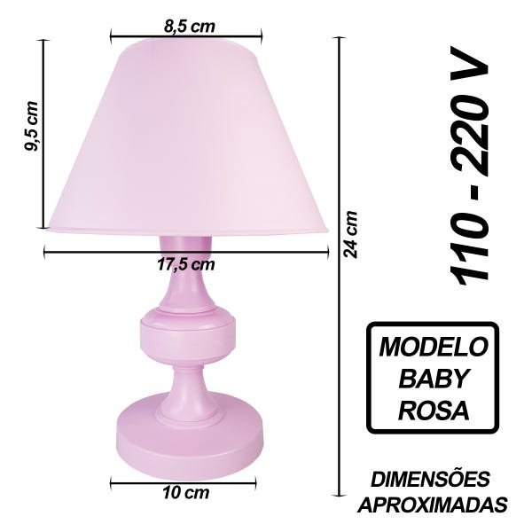 Abajur Infantil Baby Menina Luminária para Quarto de Bebê - Cor Rosa - 2