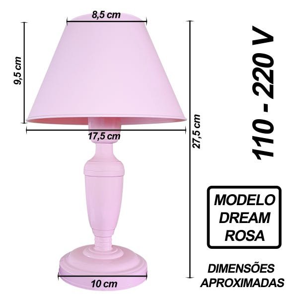 Abajur Infantil Dream Menina Luminária para Quarto de Bebê - Cor Rosa - 2