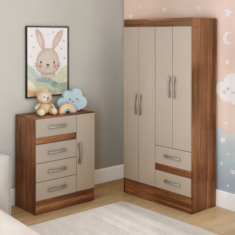 Quarto Infantil com Cômoda 4 Gavetas e 1 Porta Guarda-Roupa 4 Portas e 2 Gavetas Ninho Marrom/Castanho/Off White