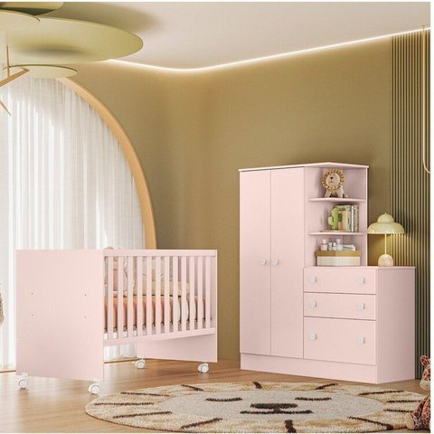 Quarto para Bebê Completo com Guarda-Roupa e Comôda e Berço Doce Sonho Rosa/Acetinado