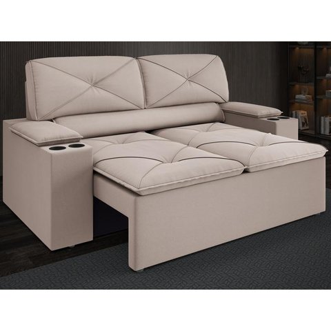 Sofá com Porta Copos Retrátil e Reclinável Pop 1,54m Velosuede Bege - Netsofas