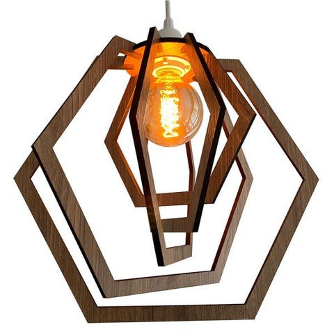 Luminária Pendente Madeira Caroá Hexágono Teto Sala Quarto Cozinha Balcão Marrom