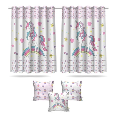 Cortina Infantil Quarto Unicórnio Mod 6 + 3 Capas Almofada
