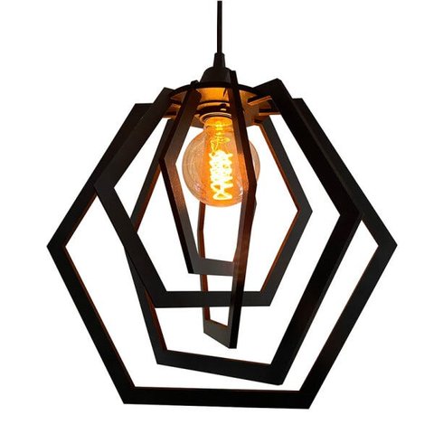 Luminária Pendente Madeira Caroá Hexágono Teto Sala Quarto Cozinha Balcão Preto