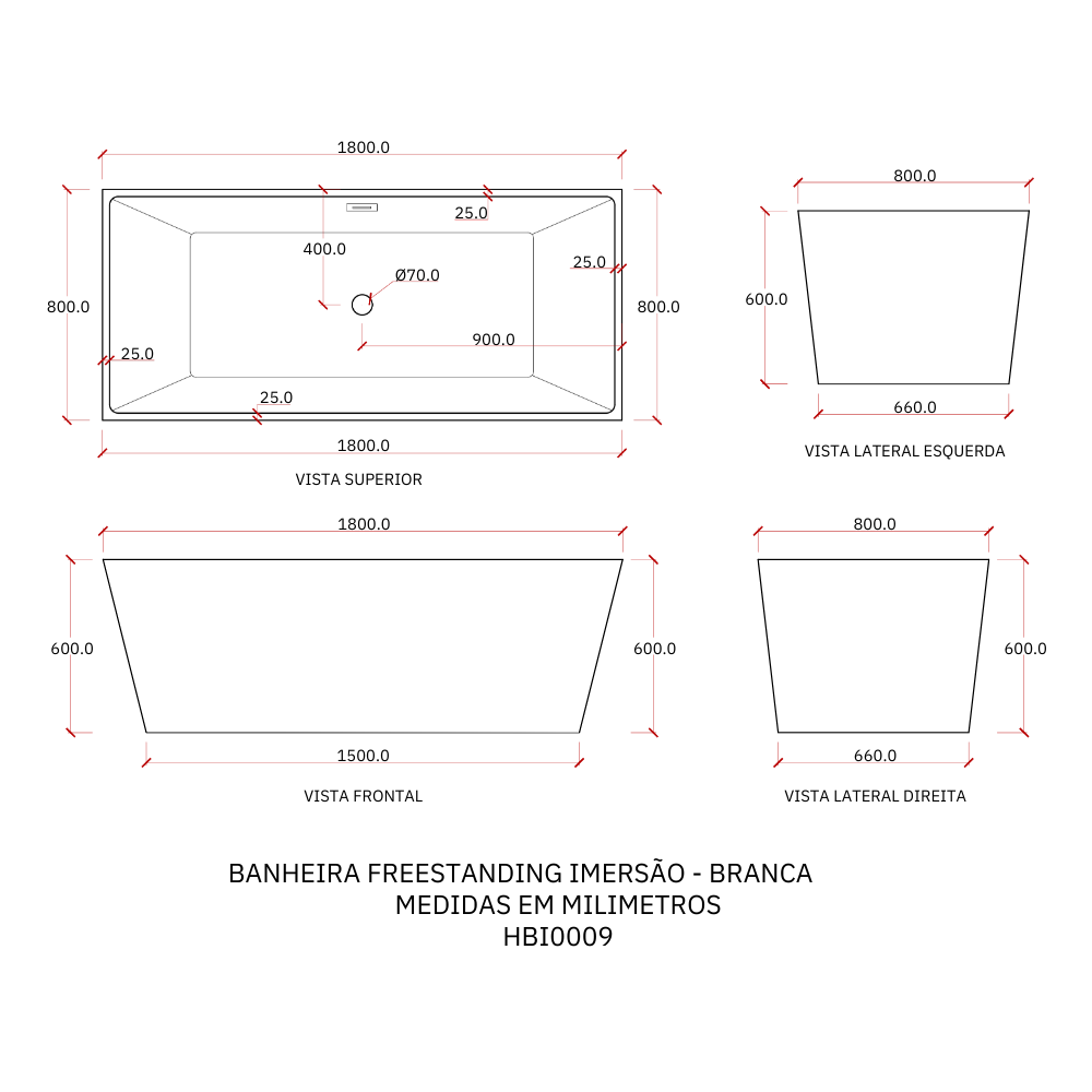 Banheira Freestanding Imersão Acrílico 180 Cm Safira Pingoo.casa - Branco - 6