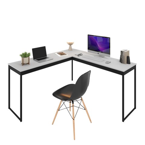 Escrivaninha Mesa em L 150x150cm Madeira Móveis Industrial Magno Branco com Preto