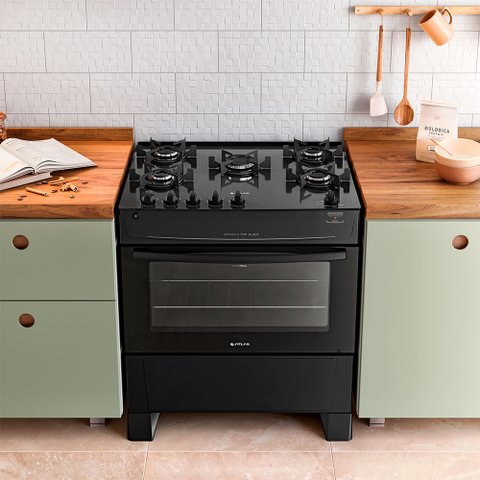 Fogão 5 Bocas Mônaco Top Glass Atlas - Mesa de Vidro - Mega Chama - Bivolt - Forno 86,5 L - Preto