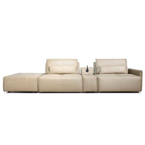 Sofá Yale 2 Lugares + Puff e Console com Luminária Couro Pérola 390cm - 69948