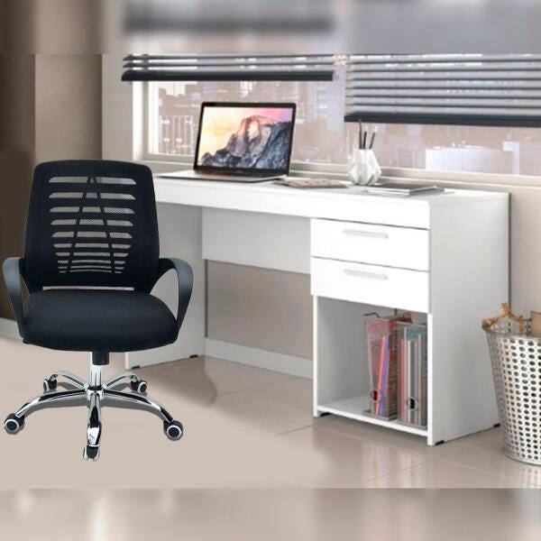 Conjunto Escritório Home Office com Escrivaninha 2 Gavetas Branca e Cadeira Giratória Viena