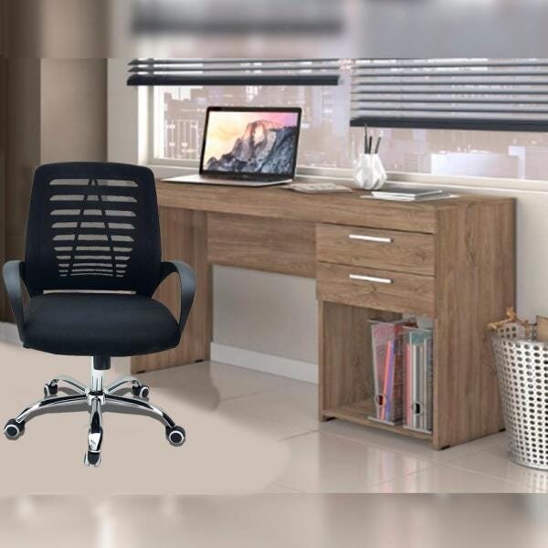 Conjunto Escritório Home Office com Escrivaninha 2 Gavetas Canela e Cadeira Giratória Viena Preta