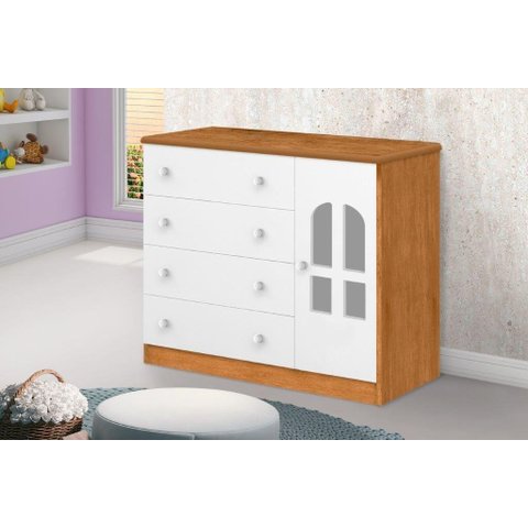 Cômoda Al 4 Gavetas e 1 Porta com Detalhes em Acrílico e Prateleira Interna Cor Branco/nature Ja