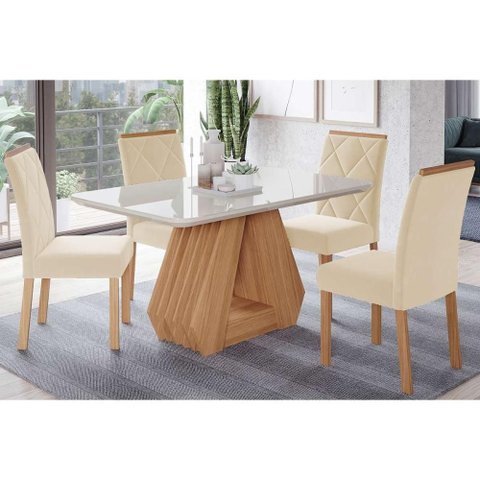 Conjunto: Mesa Sala Jantar Ágata Tampo Madeirado C/ Vidro 130x80cm e 4 Cadeiras Fernanda Savana-