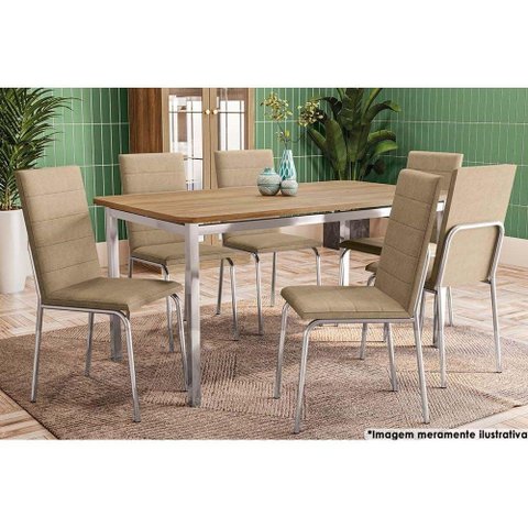 Mesa de Sala Jantar Reno C/ Tampo Madeira 160cm + 6 Cadeiras Amsterdã Cromada - Assento Capuccino