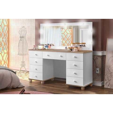 Penteadeira Camarim Infantil 9 Gavetas Branco/Amêndoa com Leds