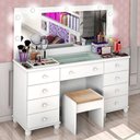 Ver imagem 1 de Penteadeira Camarim Branca 9 Gavetas Infantil Luxo com Leds e Banqueta Luxo