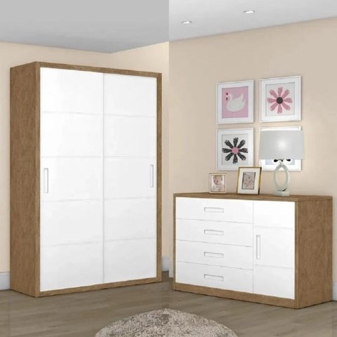 Cômoda Infantil 4 Gavetas Com Sapateira e Guarda-Roupa 2 Portas Dominique:Branco/Amêndoa