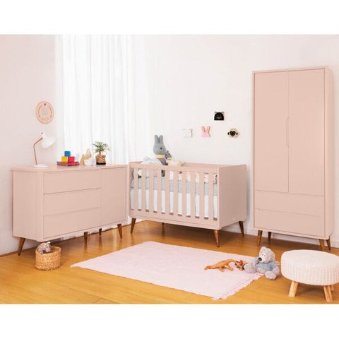Kit Quarto Infantil Theo Rosa – Guarda-roupa 2 Portas + Cômoda + Berço