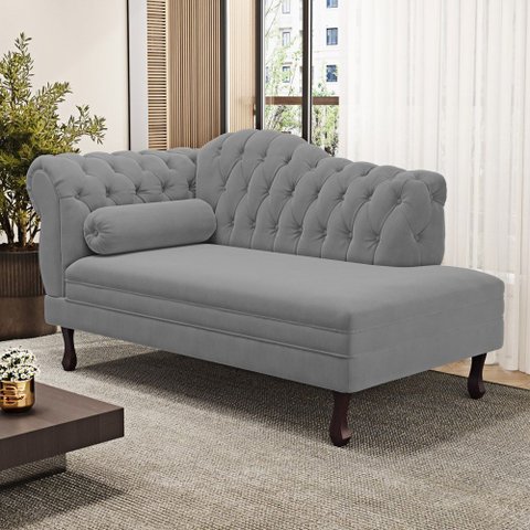Divã Recamier Lavínia Clássico 120cm Capitonê com Pés de Madeira Suede Cinza - Desk Design