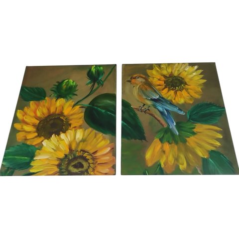 Duo de Quadros de Girassois Oleo S/tela 60x30 Cada Um