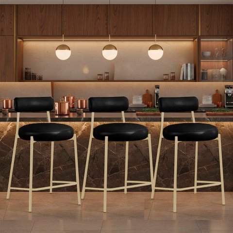 Banqueta Cozinha Média com Encosto Kit 3 Industrial Champanhe Londres PU Facto D03 - D'Rossi