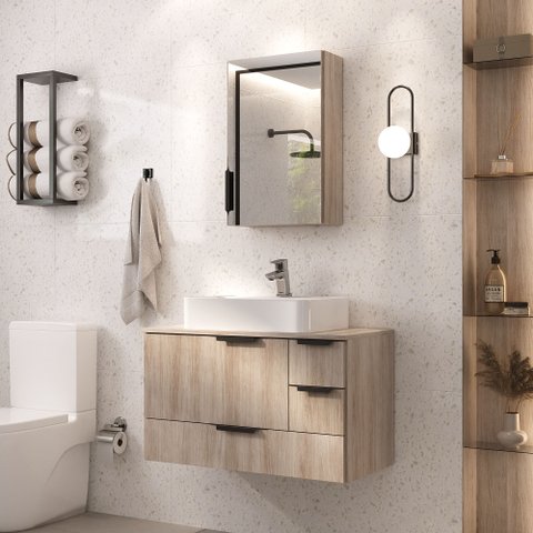 Conjunto Gabinete Banheiro Yaris 80cm (gabinete + Cuba + Espelheira +tampo Vidro) Madeirado Inteiro