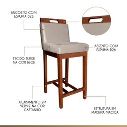 Kit 3 Banquetas Estofadas com Encosto Veneza Média 94 Cm Madeira Maciça Suede Bege CCS - 3